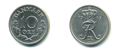 Дания 10 эре 1965 C;S, Фредерик IX (1947-1972) КМ 849.1 медно-никель 71-1539