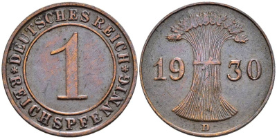 ГЕРМАНИЯ 1 РЕЙХСПФЕННИГ 1930 D KM 37, J. 313, Weege 2 бронза 4547-149