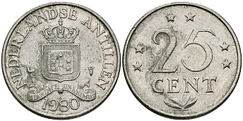 Нидерландские Антилы 25 центов 1980 Юлиана (1948-1980) KM 11 никель 84-1654