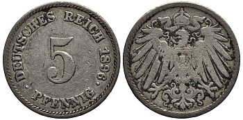 ГЕРМАНИЯ 5 ПФЕННИГОВ 1896 J KM 11, Jager 12, Weege 6 медно-никель 4547-351