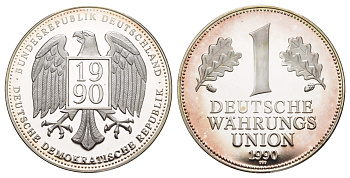 Германия медаль.ю Немецкий валютный союз, 1 марка 1990 диаметр 39 мм, вес 20 гр серебро PROOF 11-322-35