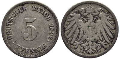 ГЕРМАНИЯ 5 ПФЕННИГОВ 1896 J KM 11, Jager 12, Weege 6 медно-никель 4547-351