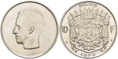 БЕЛЬГИЯ 10 ФРАНКОВ 1973 BELGIE, БОДУЭН I (1951-1993) KM 156.1 никель 4110-1231