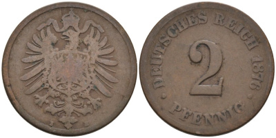 Германия 2 пфеннига 1876 B, старогербовка KM 2, J. 2 медь 4575-714