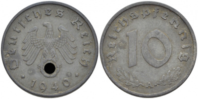 ГЕРМАНИЯ 10 РЕЙХСПФЕННИГОВ 1940 A, KM 101, J. 371 цинк 110-252