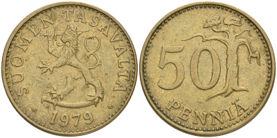 ФИНЛЯНДИЯ 50 ПЕННИ 1979 K KM 48 алюминиевая бронза 4556-215