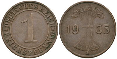 Германия 1 рейхспфенниг 1935 A KM 37, J. 313 бронза 4528-426