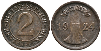 ГЕРМАНИЯ 2 РЕНТЕНПФЕННИГА 1924 D KM 31, J. 307 бронза 24-514