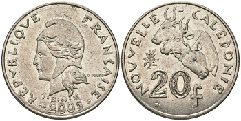 Французская Новая Каледония 20 франков 2005 три быка, (IEOM) KM 12, Schoen 14, Lec 115i никель 81-846
