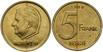 Бельгия 5 франков 1994 Belgie, Альберт II (1994-2013) KM 190 алюминиевая бронза 4601-322