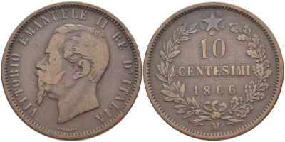 ИТАЛИЯ 10 ЧЕНТЕЗИМО 1866 М, ВИКТОР ЭМАНУИЛ II (1861-1878) KM 11.1 медь 82-312