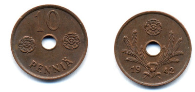 ФИНЛЯНДИЯ 10 ПЕННИ 1942 KM 33.1 медь 51-5022
