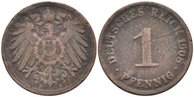 ГЕРМАНИЯ 1 ПФЕННИГ 1908 А KM 10, J 10 медь 4588-334