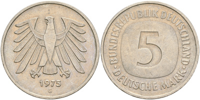 ФРГ 5 марок 1975 G, монетный двор Карлсруэ КМ 140.1, J. 415 медно-никель плакированный никелем 4607-142