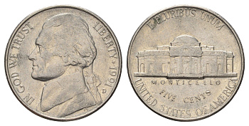 США 5 центов 1991 D, Джефферсон KM A192 медно-никель 4671-1122