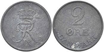 ДАНИЯ 2 ЭРЕ 1961 C; S, ФРЕДЕРИК IX (1947-1972) KM 840.2 цинк 67-316