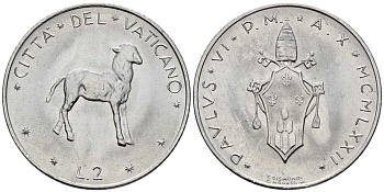 ВАТИКАН 2 ЛИРЫ 1972 ГОД X, ПАВЕЛ VI (1963-1978), АГНЕЦ KM 117 алюминий UNC 4516-611