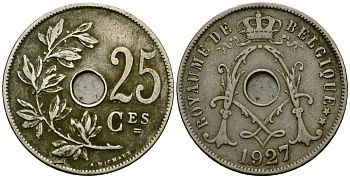 Бельгия  25 сантимов 1927 Belgique KM 68 медно-никель 4582-1212