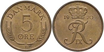 ДАНИЯ 5 ЭРЕ 1970 C; S, ФРЕДЕРИК IX (1947-1972) KM 848.1 бронза 175-713