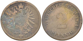 ГЕРМАНИЯ 2 ПФЕННИГА 1874 D, СТАРОГЕРБОВКА KM 2, J. 2, Weege 3 медь 212-842