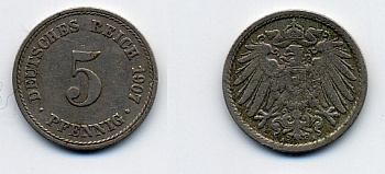 ГЕРМАНИЯ 5 ПФЕННИГОВ 1907 A, KM 11, J. 12 медно-никель 84-1512