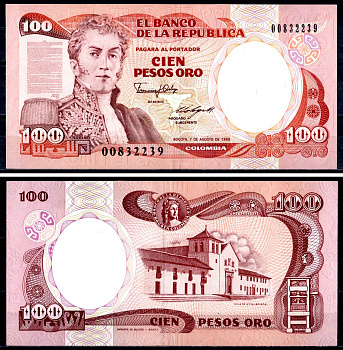 Колумбия 100 песо 1989 Pick 426 d бумага UNC (пресс) 402-60-1-2
