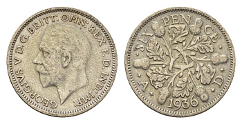 Великобритания 6 пенсов 1936 Георг V (1910-1936) KM 832, Spink 4040 серебро 4644-962