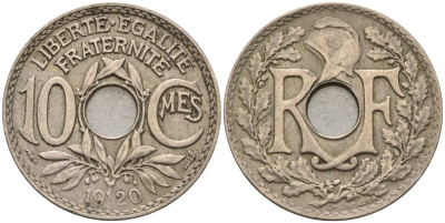 Франция 10 сантимов 1920 KM 866a, Le Franc 138.3 медно-никель 4143-856