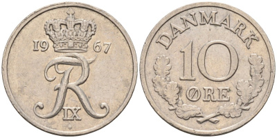 Дания 10 эре 1967 C; S, Фредерик IX (1947-1972) KM 849.1 медно-никель 4580-312