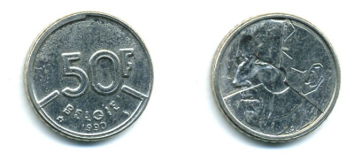 БЕЛЬГИЯ 50 ФРАНКОВ 1990 BELGIE, БОДУЭН I (1951-1993) KM 169 никель 25-1715
