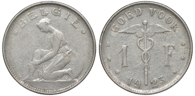 Бельгия 1 франк 1923 Belgie, Альберт I (1909-1934) KM 90 никель 51-1021