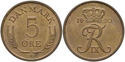 ДАНИЯ 5 ЭРЕ 1970 C; S, ФРЕДЕРИК IX (1947-1972) KM 848.1 бронза 175-713
