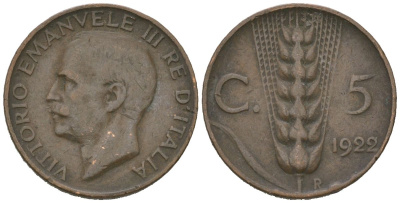 Италия 5 чентезимо 1922 R, Виктор Эммануил III (1900-1946) KM 59 бронза 4615-621