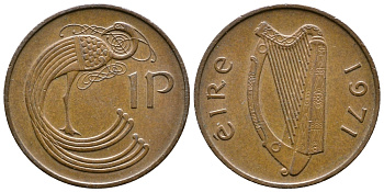 ИРЛАНДИЯ 1 ПЕННИ 1971 ПТИЧКА KM 20 бронза 4110-521