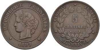 ФРАНЦИЯ 5 САНТИМОВ 1897 A, ТРЕТЬЯ РЕСПУБЛИКА (1871-1940) KM 821.1, LE FRANC 118.41 бронза 28-554