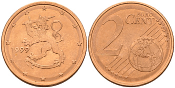 Финляндия 2 евроцента 1999  KM 99 сталь плакированная медью  UNC  4160-344
