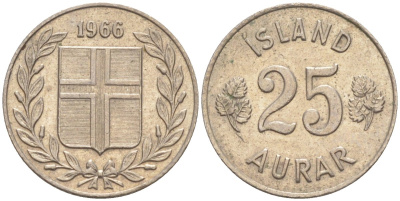 Исландия 25 эйре 1966 KM 11 медно-никель 187-368