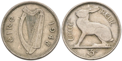 Ирландия 3 пенса 1948 заяц KM 12а медно-никель 92-224