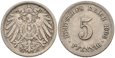 ГЕРМАНИЯ 5 ПФЕННИГОВ 1906 F, KM 11, J. 12 медно-никель 75-861