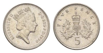 Великобритания 5 пенсов 1990 Елизавета II (1952-2022) KM 937b, Spink 4372 (D4) медно-никель 4684-1028