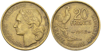 ФРАНЦИЯ 20 ФРАНКОВ 1952 4 ПЕРА KM 917.1, LE FRANC 402.9 алюминиевая бронза 175-645