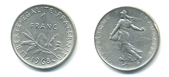 ФРАНЦИЯ 1 ФРАНК 1968 СЕЯТЕЛЬ KM 925.1 никель 57-145