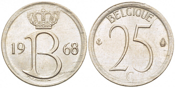 Бельгия 25 сантимов 1968 Belgique, Бодуэн I (1951-1993) KM 153.1 медно-никель UNC 3996-1012