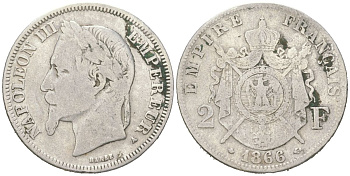 Франция 2 франка 1866 A, Наполеон III (1852-1870) KM 807.1 серебро 4044-431