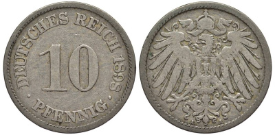 Германия 10 пфеннигов 1898 A KM 12, Jager 13, Weege 8 медно-никель 219-316