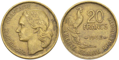 ФРАНЦИЯ 20 ФРАНКОВ 1952 4 ПЕРА KM 917.1, LE FRANC 402.9 алюминиевая бронза 175-645