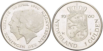 Нидерланды 1 гульден 1980 на коронацию Беатрикс, 30 апреля 1980 KM 200 никель 213-1244