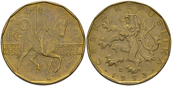 Чехия 20 крон 1993 чешский лев, герцог Вацлав на коне KM 5 сталь плакированная латунью 67-854