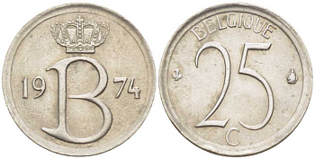 БЕЛЬГИЯ 25 САНТИМОВ 1974 BELGIQUE, БОДУЭН I (1951-1993) KM 153.1 медно-никель 214-439