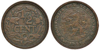 НИДЕРЛАНДЫ 1/2 ЦЕНТА 1917 ВИЛЬГЕЛЬМИНА I (1890-1948) KM 138 бронза 4381-646